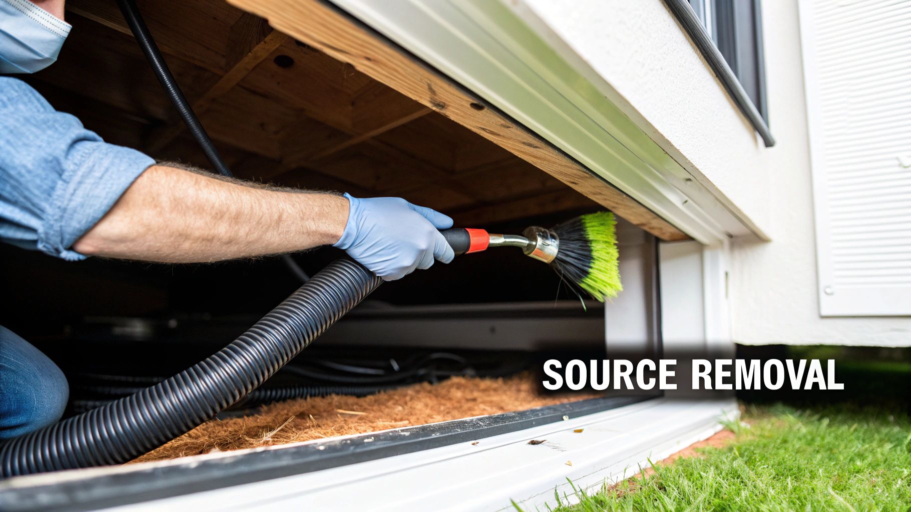 A gloved person vacuums and brushes a dirty crawl space under a building, removing debris.