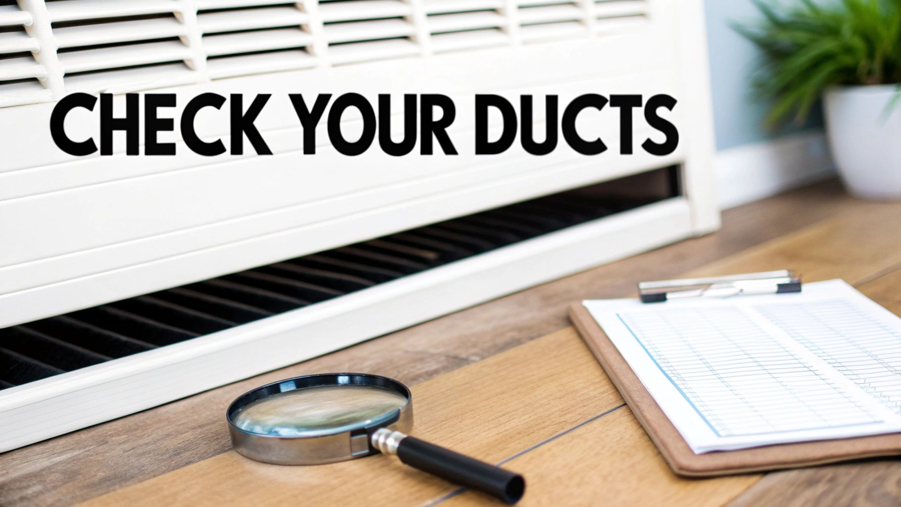 A white air vent with "CHECK YOUR DUCTS" text, a magnifying glass, and a clipboard on a wooden floor.