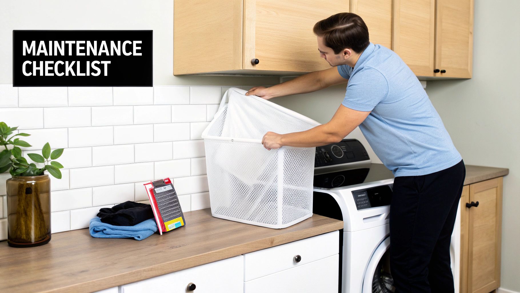 Man in laundry room places clothes into hamper beside washing machine, with a 'Maintenance Checklist' sign overhead.