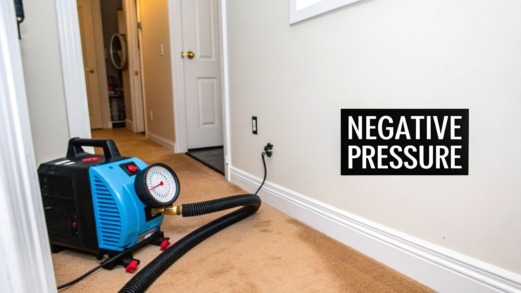 A professional technician connecting a large hose from a negative air machine to a home's ductwork.