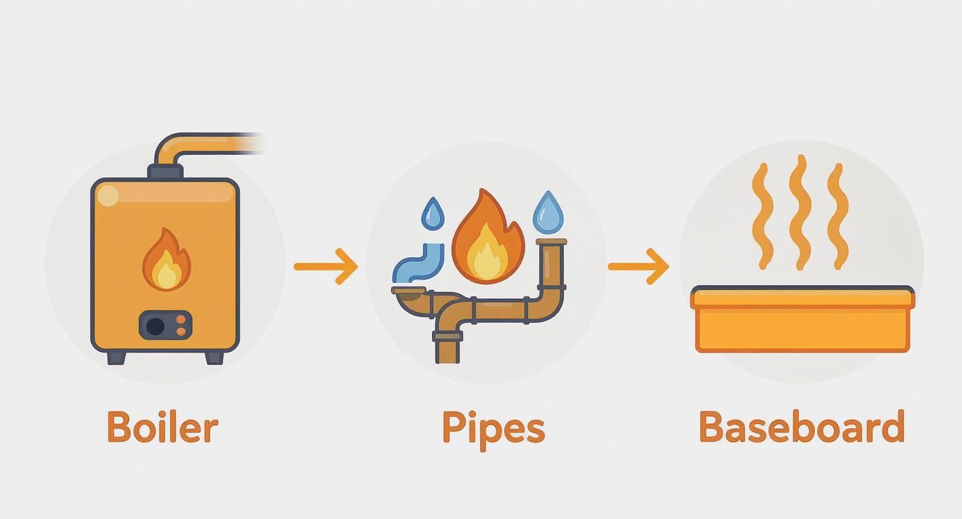 Hot Water Baseboard Heaters: Whisper-Quiet, Efficient Home Heating 1 Diagram illustrating the process of a boiler heating water, circulating it through pipes to a baseboard for warmth.