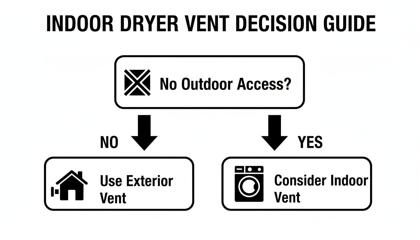A flowchart decision guide for indoor clothes dryer vents asking if there is outdoor access.