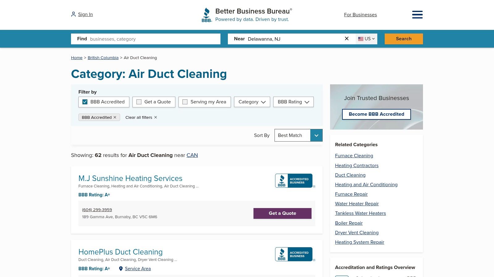 Better Business Bureau Canada (BBB) search page for air duct cleaning services.