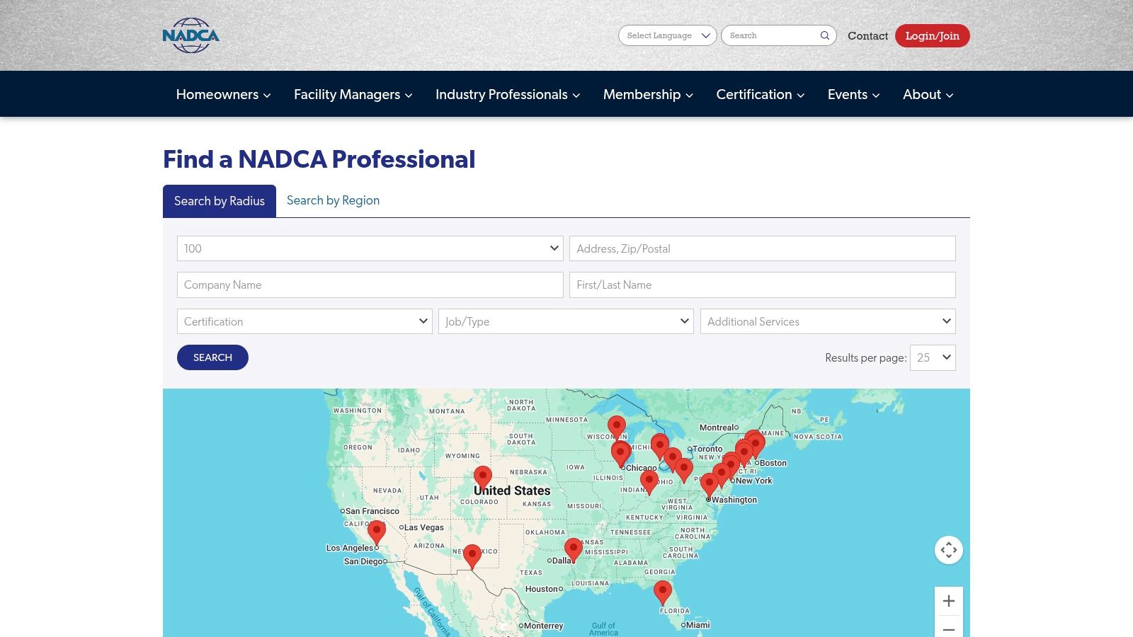 NADCA ‘Find a Professional’ directory showing a search interface