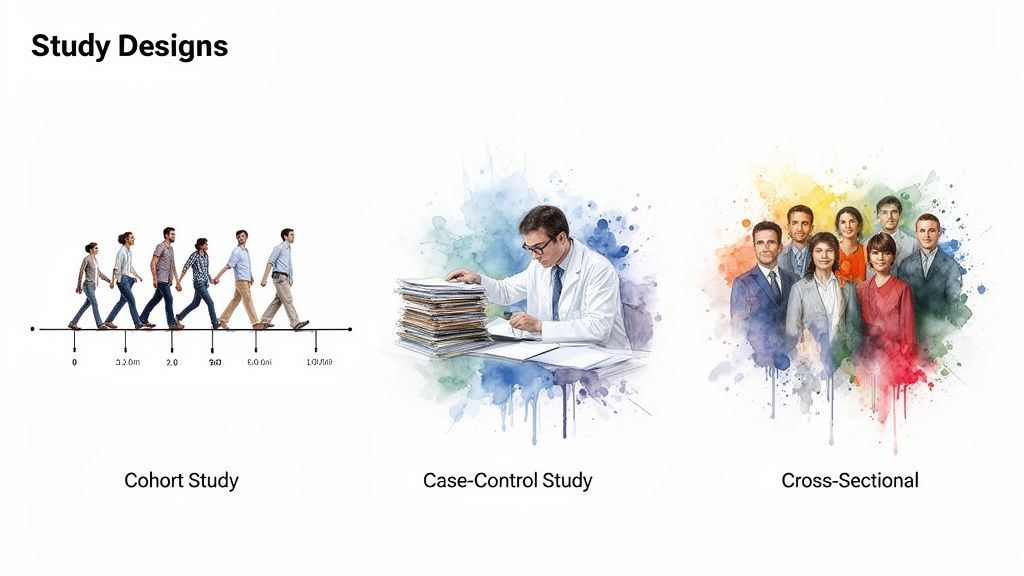 Illustrations depicting three different observational study designs: Cohort, Case-Control, and Cross-Sectional studies.