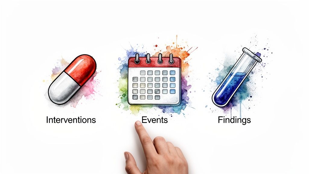Three watercolor icons representing clinical study data: interventions (pill), events (calendar), and findings (test tube).