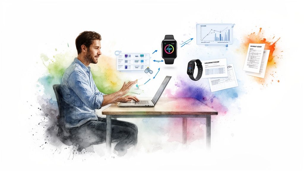 Man using laptop with digital elements like smartwatches, charts, and documents in artistic watercolor.