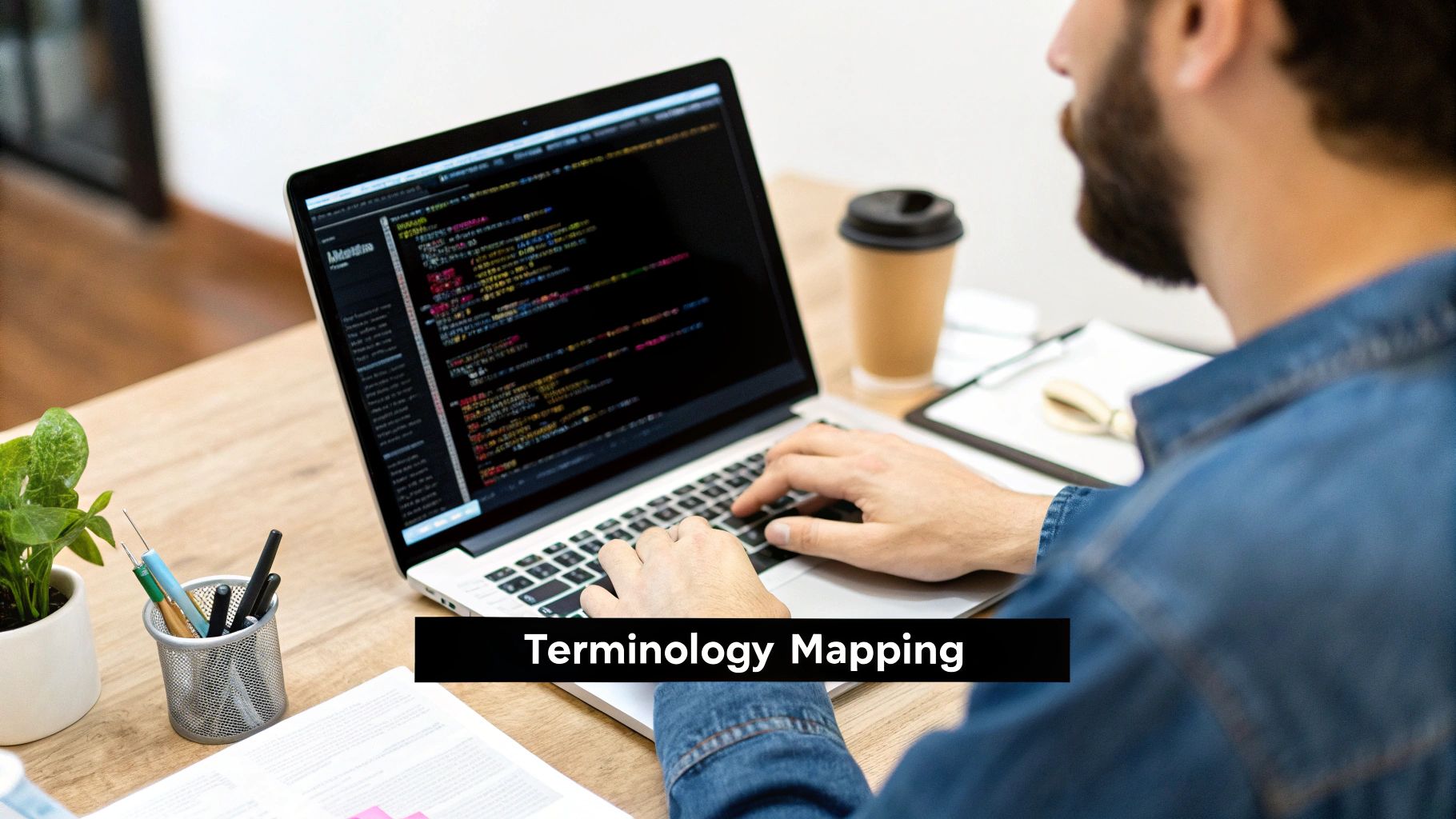 A person with a beard types code on a laptop, working at a wooden desk.