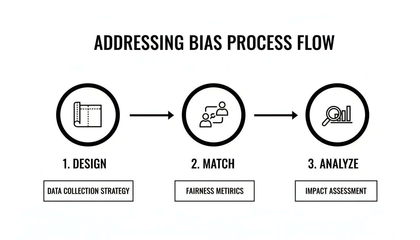 A three-step process flow for addressing bias, including design, match, and analyze phases.