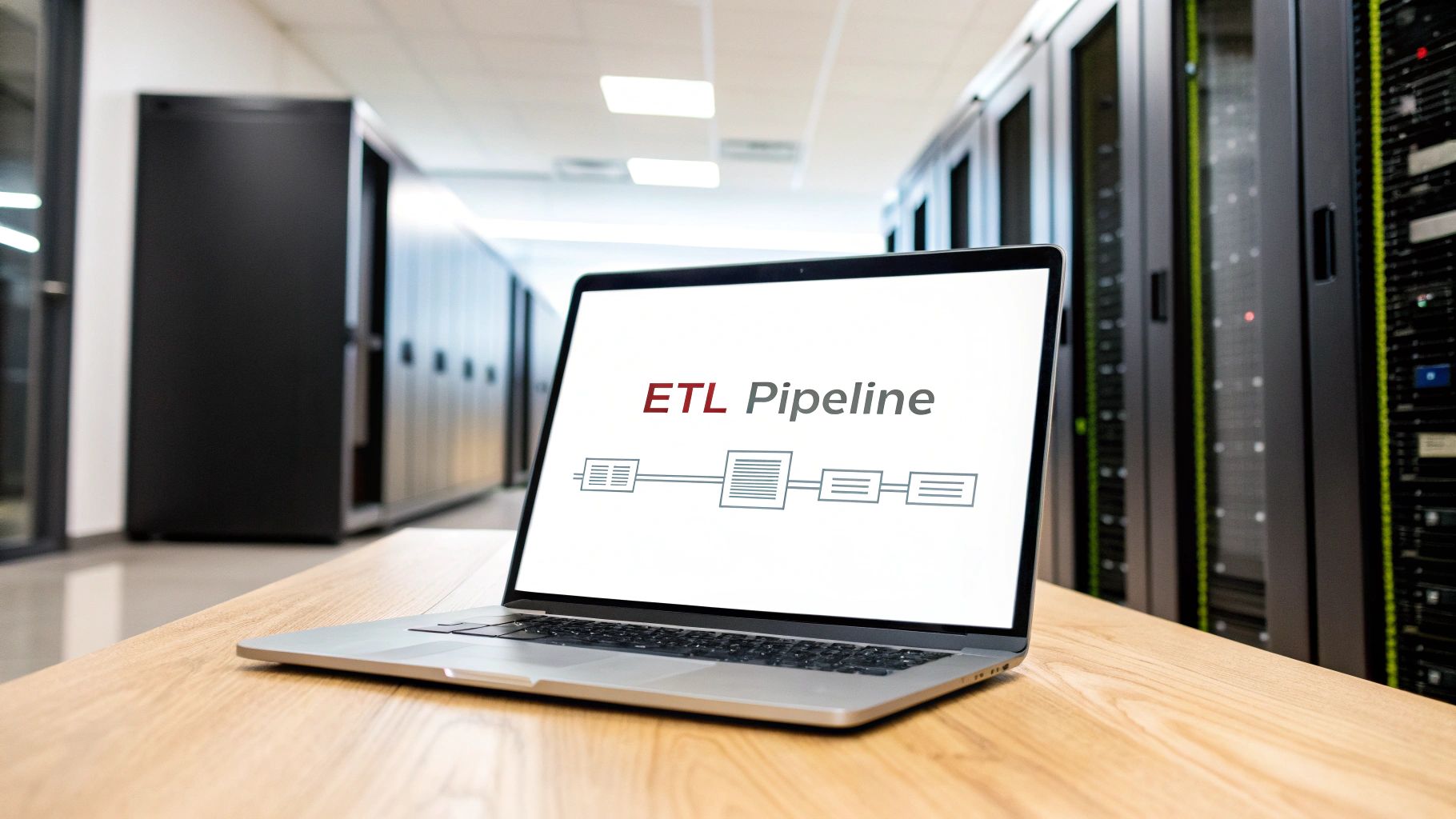 A laptop displays an ETL Pipeline diagram on its screen in a modern data center.