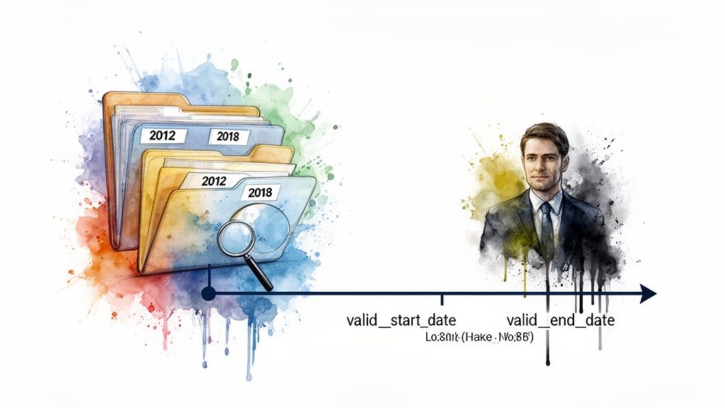 A conceptual image illustrating data versioning with folders, dates, a timeline, and a business professional.