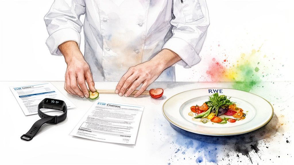 A chef prepares a colorful meal, surrounded by medical papers, a fitness tracker, and watercolor splashes.