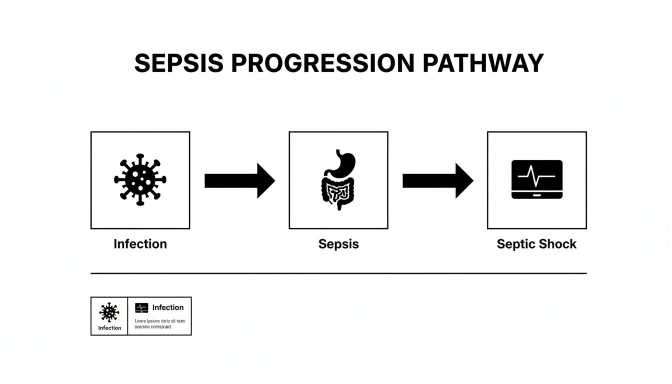 Diagram illustrating the sepsis progression pathway from infection to sepsis and then to septic shock.