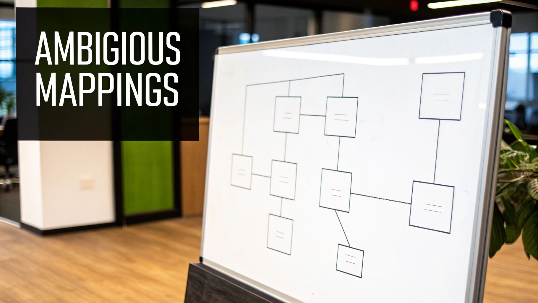 A whiteboard displays a complex diagram with interconnected boxes, with 'AMBIGUOUS MAPPINGS' text overlay.