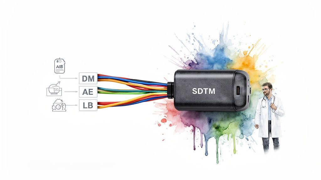 SDTM device with colorful wires connecting to medical data inputs (DM, AE, LB) beside a doctor.