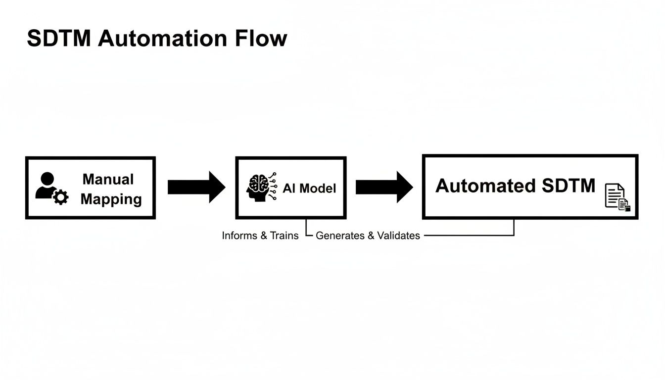 Flowchart illustrating SDTM automation from manual mapping to AI model and automated SDTM.
