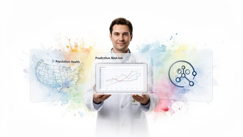 A healthcare professional presents digital screens with population health, predictive analytics, and data visualization.