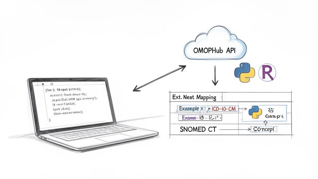 A diagram illustrates a laptop interacting with the OMOPHub API, which maps medical codes like ICD-10-CM and SNOMED CT using Python and R.
