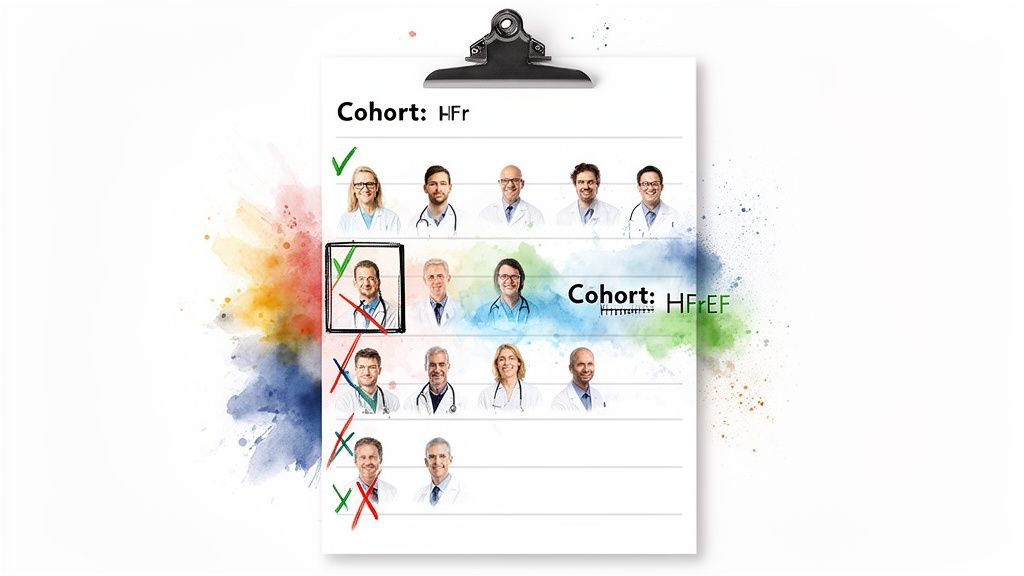 Clipboard displays doctors grouped into HFr and HFpEF cohorts, marked with green checks and red crosses.
