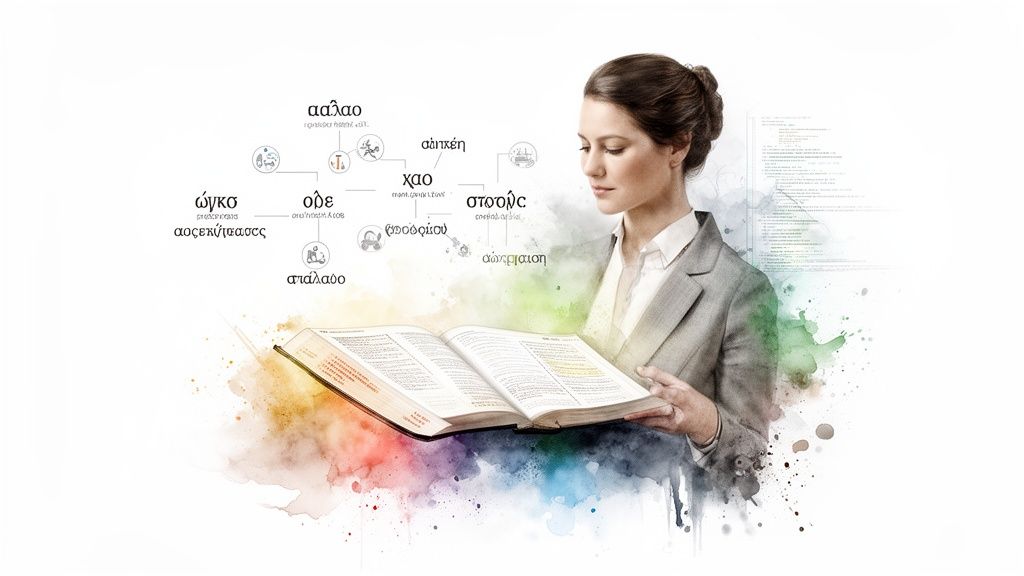 A woman studies a large open book, surrounded by a mind map of Greek medical terminology and watercolor accents.