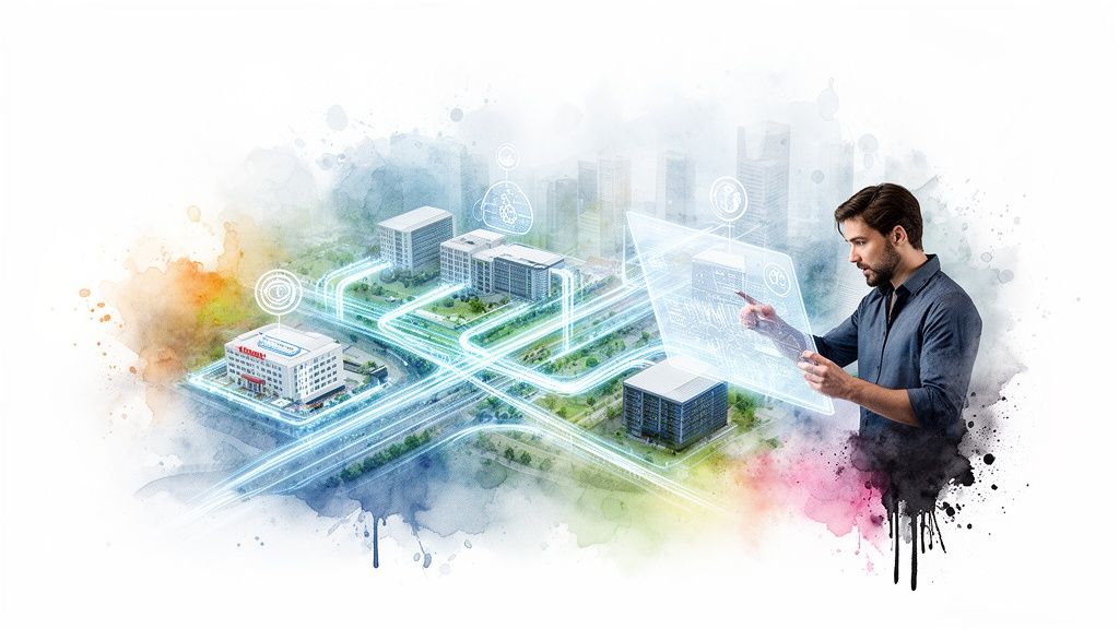 A man interacts with a holographic display showing a smart city with interconnected buildings and data flows.