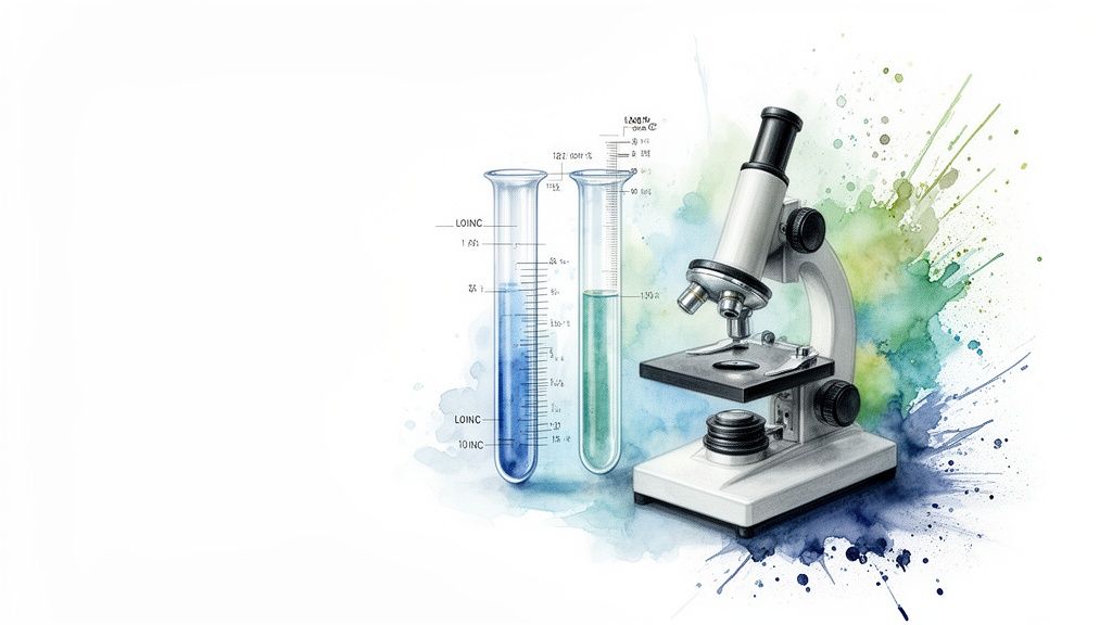 Watercolor illustration of science lab equipment: a microscope and two test tubes with colorful liquids.