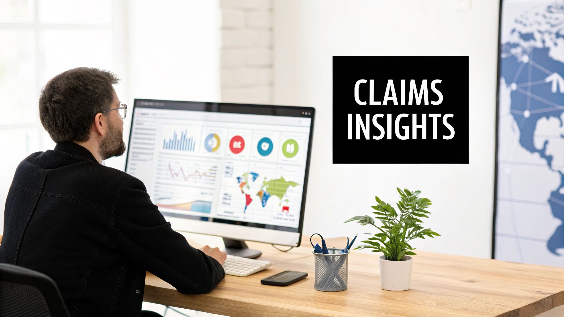 A man analyzes claims data on a computer monitor displaying charts, maps, and 'CLAIMS INSIGHTS'.