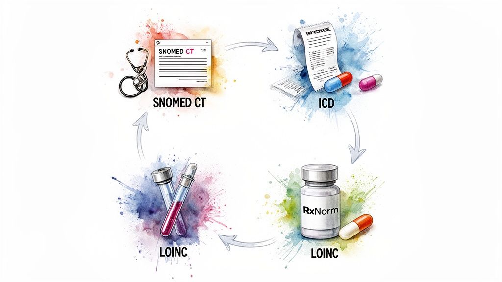 A circular diagram illustrating the interconnectedness of medical coding standards: SNOMED CT, ICD, LOINC, and RxNorm.
