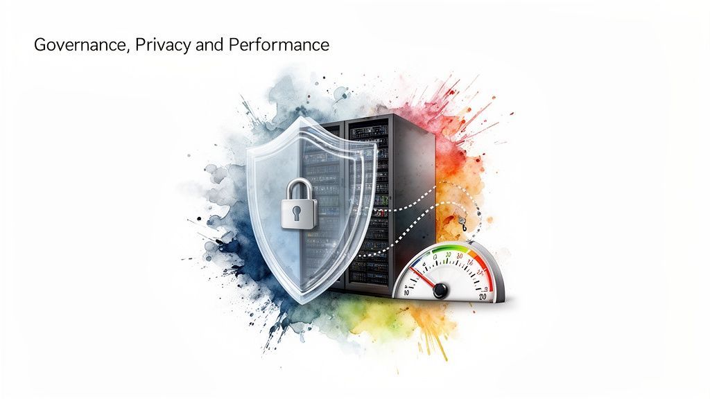 A digital security shield protects a server rack, with a performance gauge, illustrating data governance.
