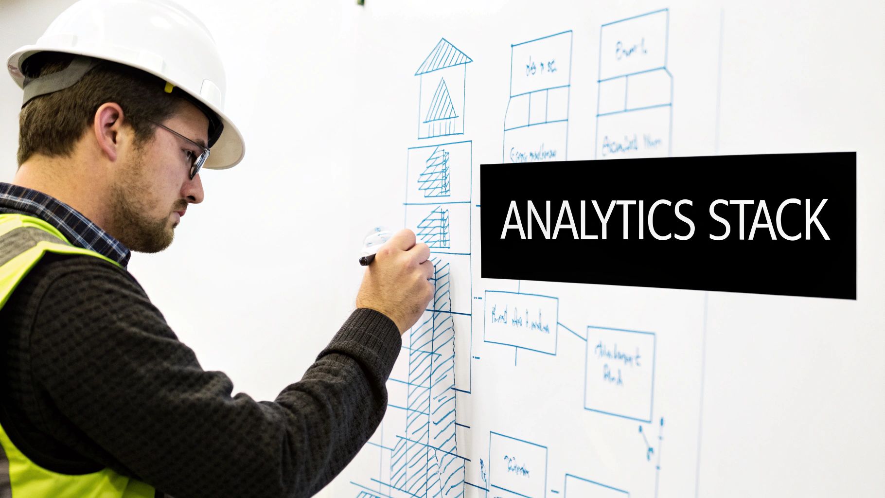 A man in a hard hat and safety vest draws data flow diagrams on a whiteboard with 'ANALYTICS STACK' text.