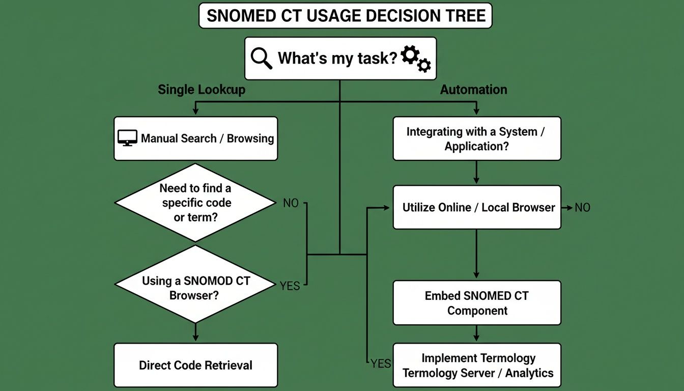 A SNOMED CT usage decision tree illustrating choices for single lookup and automation workflows.
