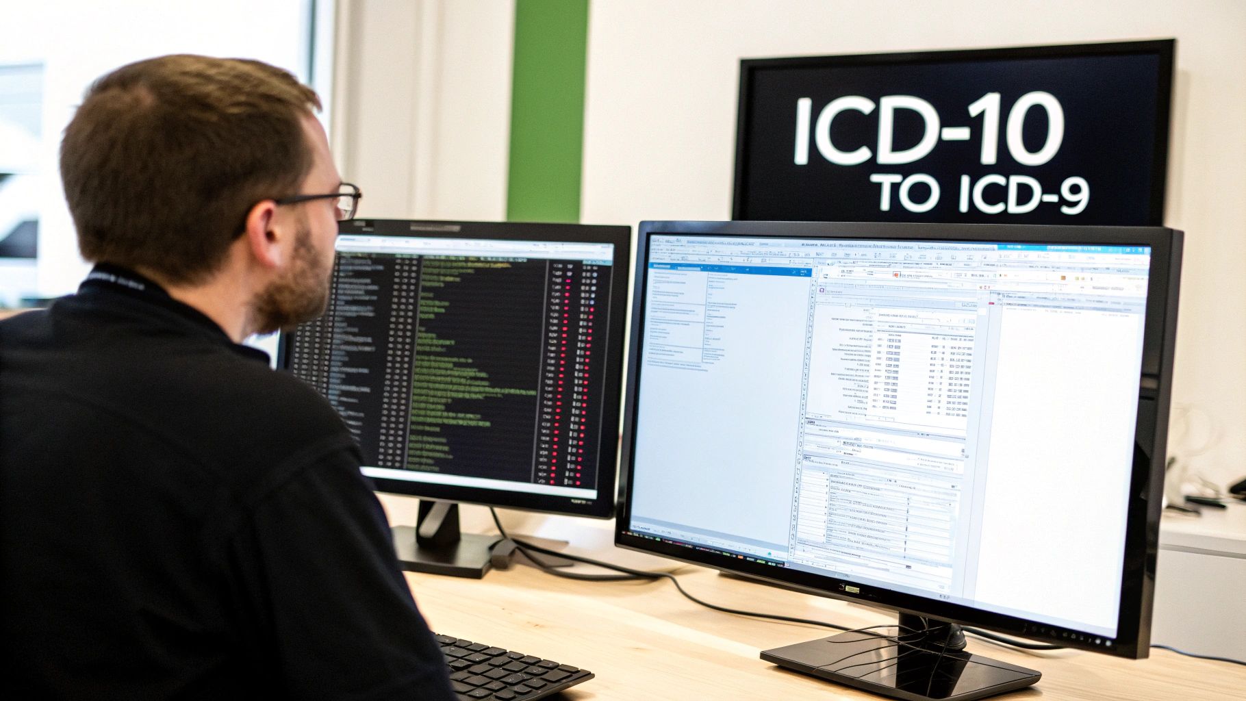 A person with glasses working on multiple computer monitors displaying data and 'ICD-10 TO ICD-9'.