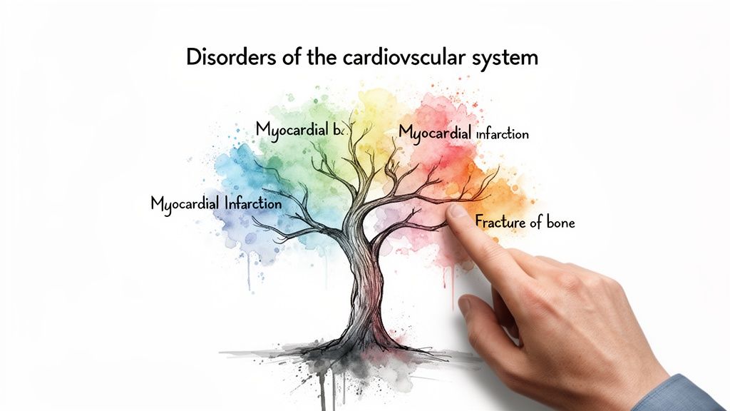 Watercolor tree diagram illustrating cardiovascular disorders, including myocardial infarction, with a finger pointing to 'fracture of bone'.