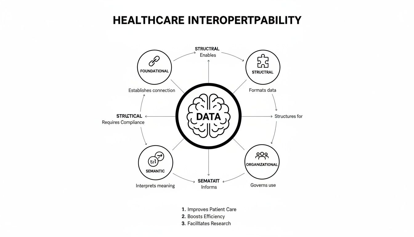 Diagram of healthcare interoperability showing data at the core, with foundational, structural, organizational, semantic, and compliance layers, highlighting key benefits.