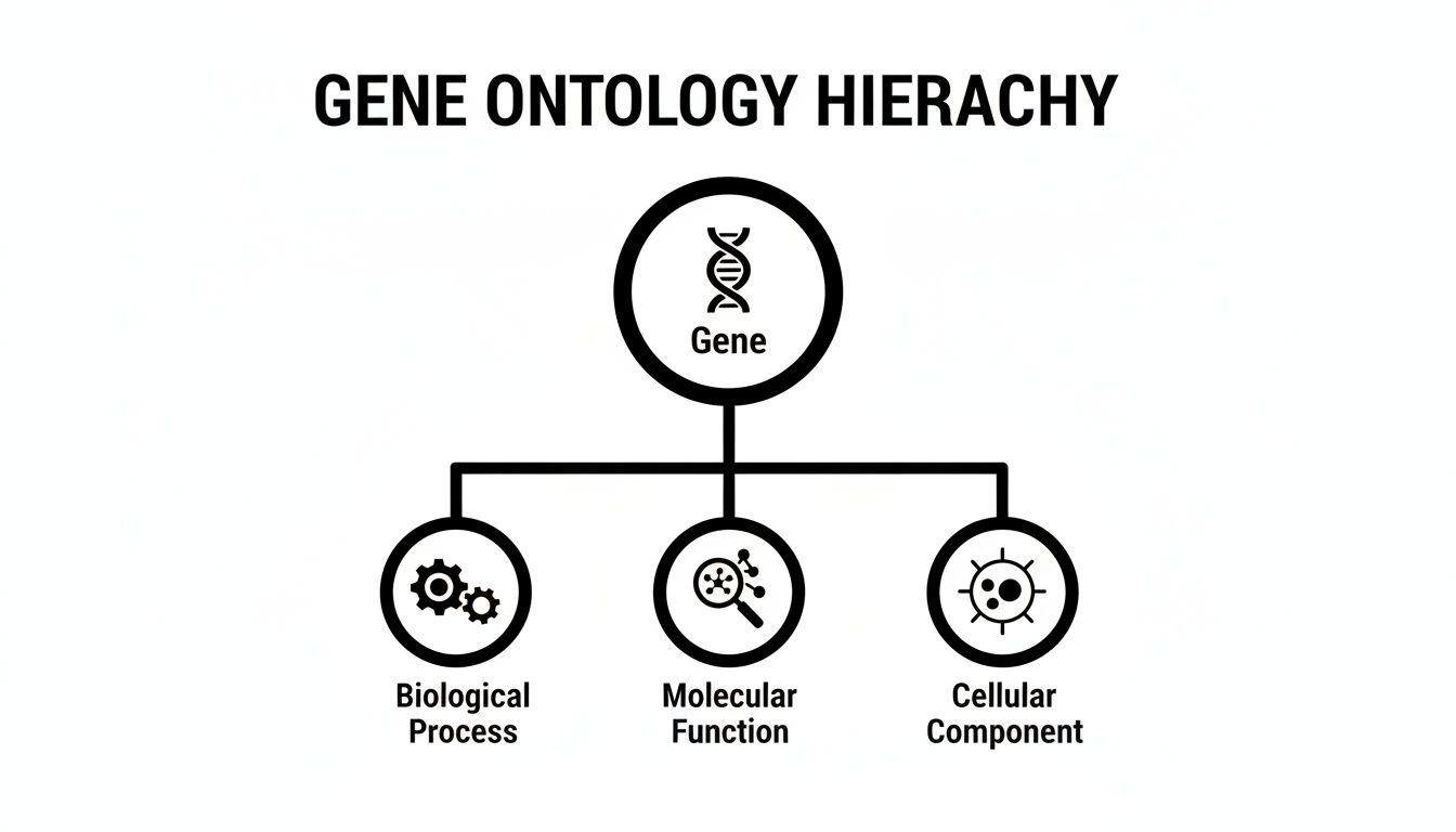 A diagram showing the Gene Ontology Hierarchy, with Gene branching into Biological Process, Molecular Function, and Cellular Component.