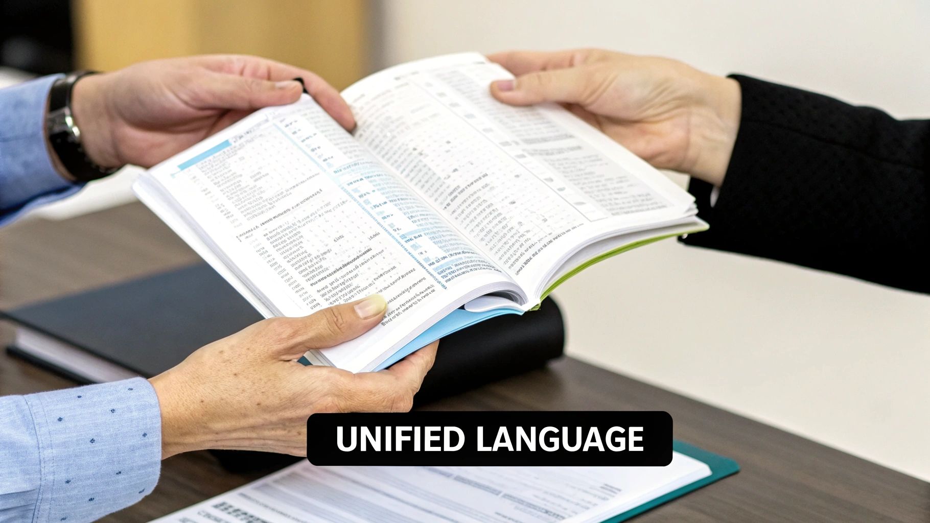 Two people collaboratively holding and reviewing an open book or document with text 'UNIFIED LANGUAGE'.