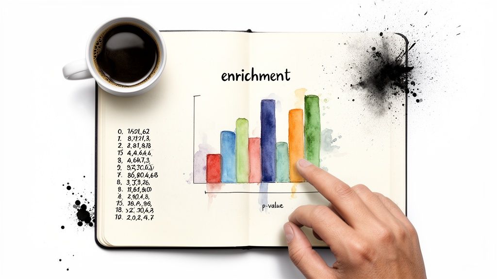 A hand points at a watercolor bar chart illustrating enrichment analysis results in a scientific notebook.