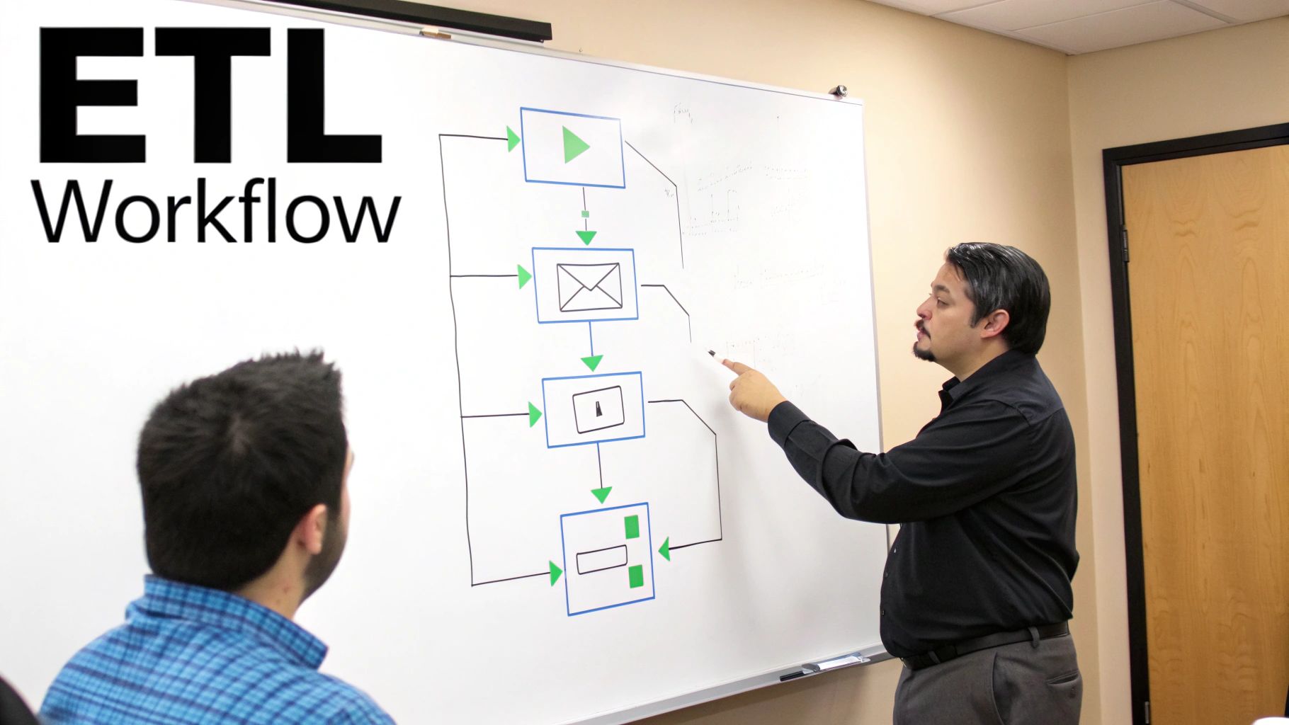 Instructor explains an ETL workflow diagram on a whiteboard to a student in an office.