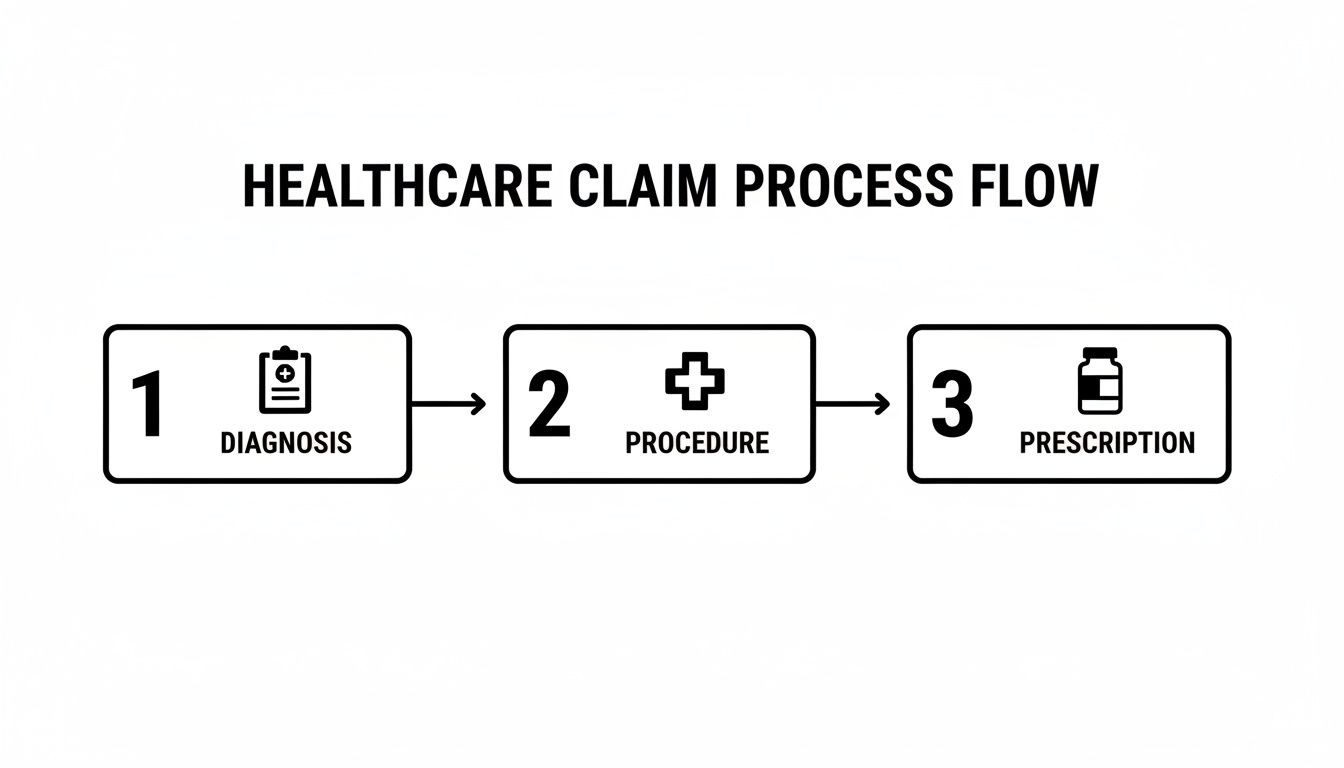 Flowchart illustrating the healthcare claim process: Diagnosis, Procedure, and Prescription steps with icons.