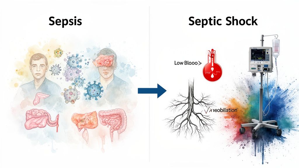 Illustration comparing sepsis with systemic inflammation and infection to septic shock with low blood pressure and medical intervention.