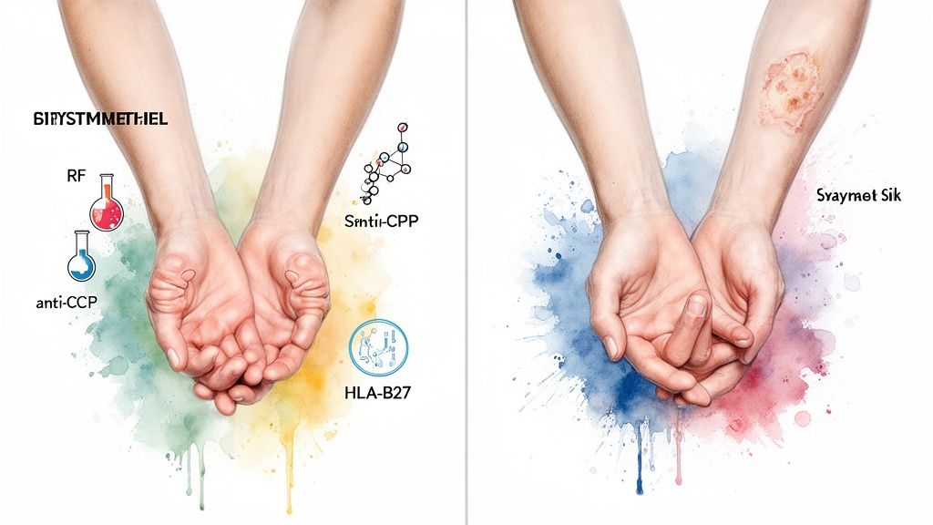 Medical illustration comparing rheumatoid arthritis with psoriatic arthritis, showing symptoms and biological markers.