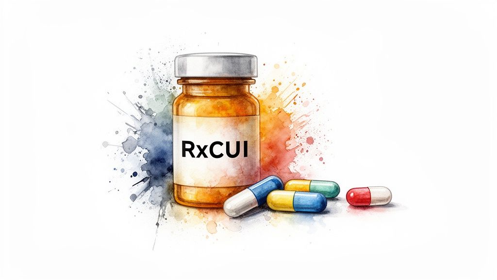 Vibrant watercolor illustration of an RxCUI medicine bottle with scattered colorful pharmaceutical capsules.