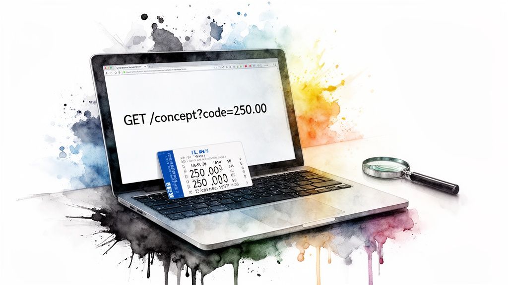 A watercolor illustration of a laptop showing 'GET /concept?code=250.00', a card, and a magnifying glass.