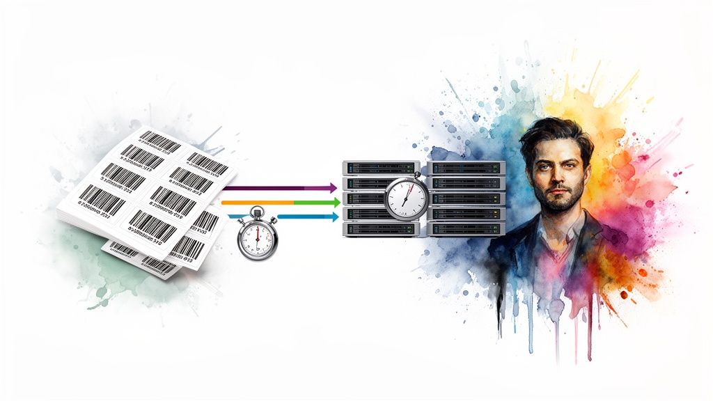 Barcode labels flowing quickly into servers, monitored by a man, symbolizing efficient data processing.