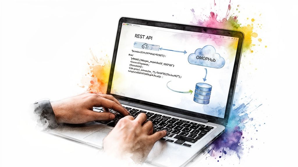 Hands typing on a laptop with a screen displaying a REST API diagram connecting to OMOPHub and a database.