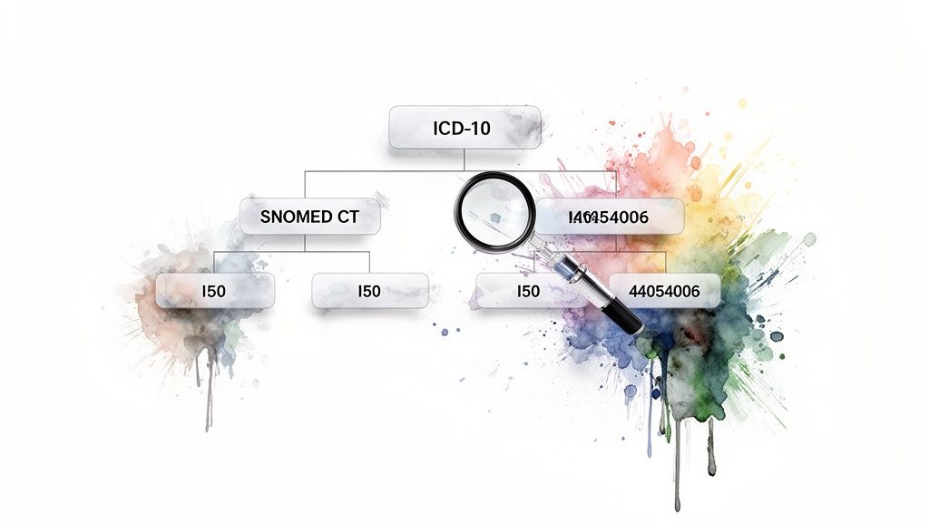 Diagram illustrating medical coding standards ICD-10 and SNOMED CT, showing specific codes and mapping.