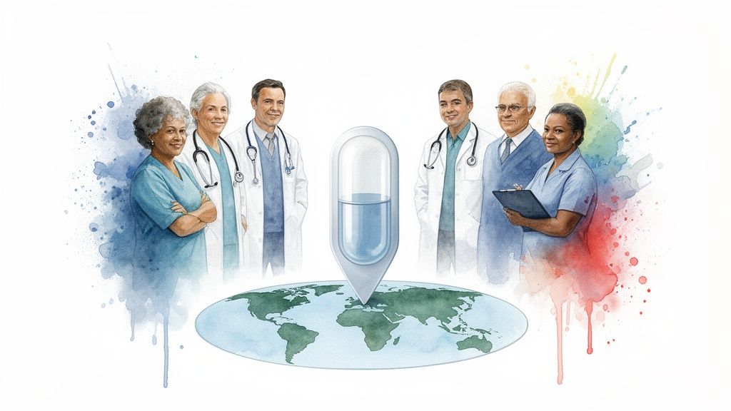 Diverse healthcare professionals, including doctors and nurses, stand around a world map with a medicine capsule pin.