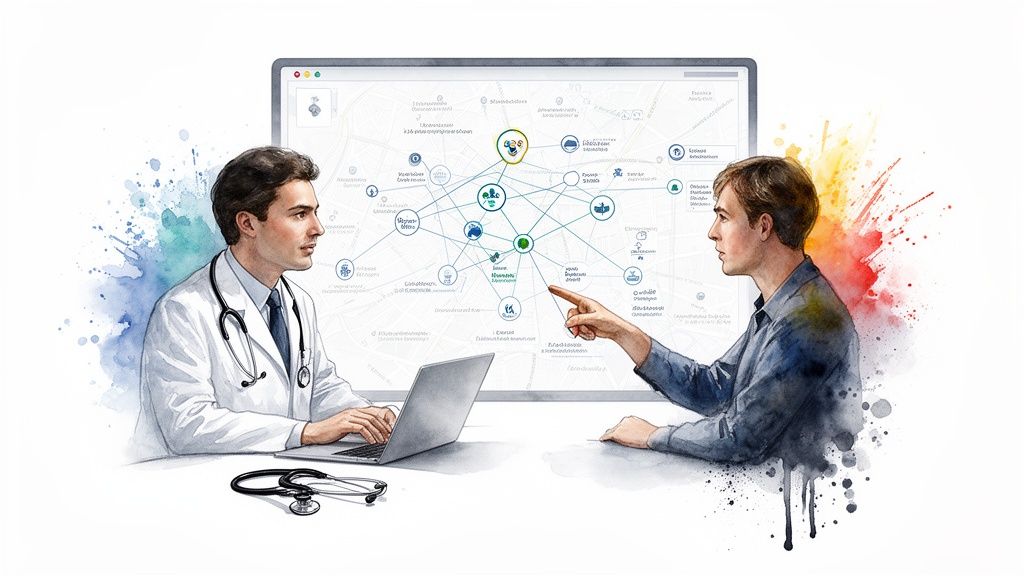Doctor and patient interacting with a medical network diagram on a large digital screen.