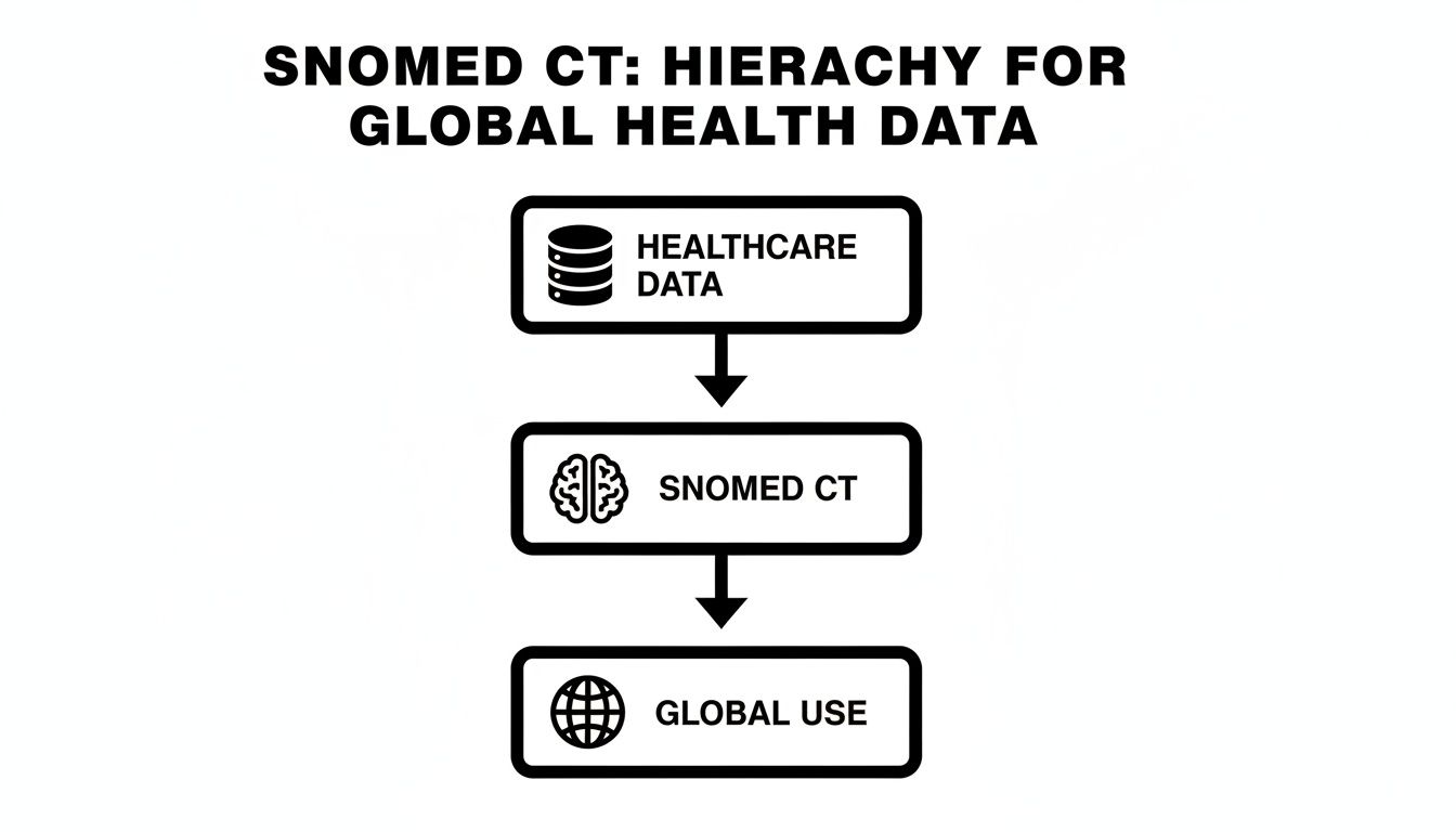 A three-step hierarchical diagram illustrating the flow from healthcare data through SNOMED CT to global use.
