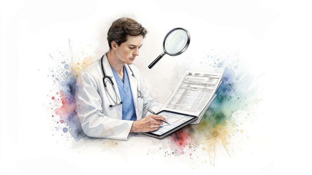 A watercolor illustration of a doctor reviewing medical documents and a tablet with a magnifying glass.